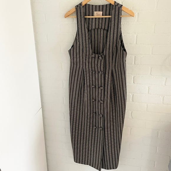 Vintage 60s 70s Blazer dress Maxi Jumper Double breasted Blacl Cream Stripes M - Picture 1 of 9
